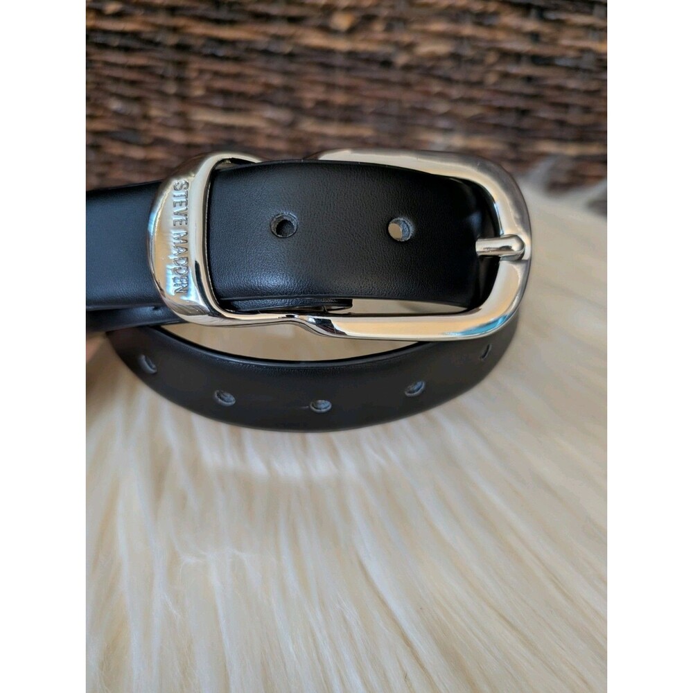 NWT Steve Madden Faux Leather Black Silver Buckle Adjustable Belt Logo Small NEW